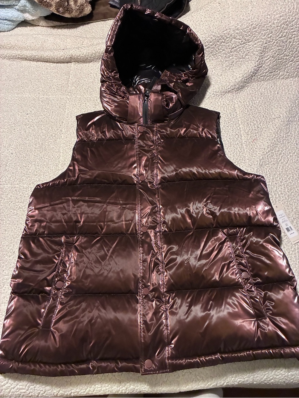 BCBGeneration Metallic Chocolate Brown/purple toned Puffer Vest with Hood, nwt